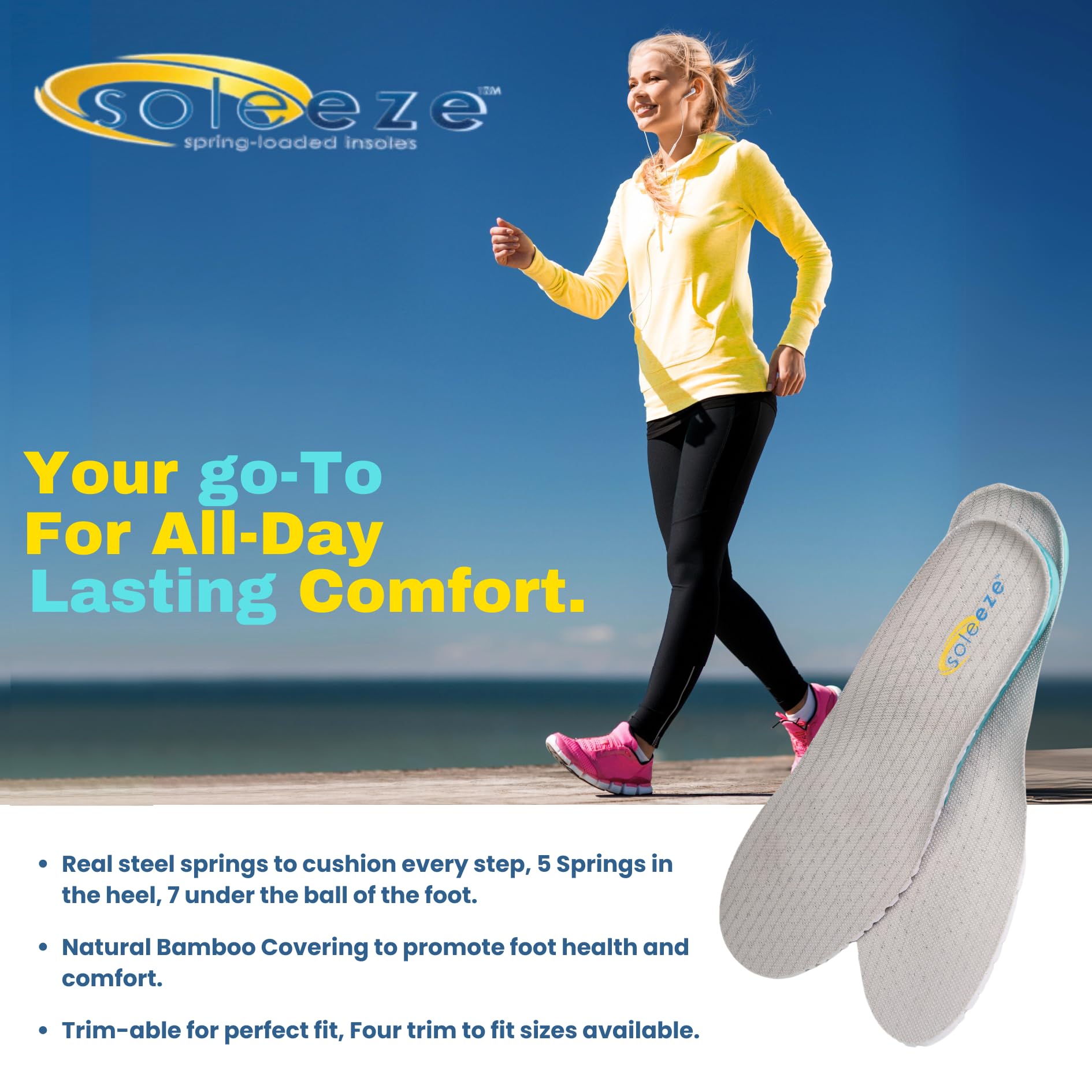 Spring Loaded Shoe Insoles for Men & Women - Shock Absorbing Orthotic Inserts - X-Large Size - Perfect for Running, Walking & Standing All Day (Soleeze)