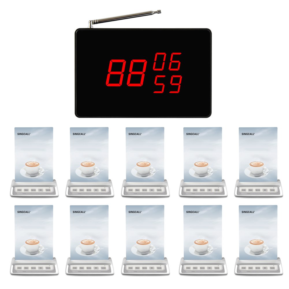 SINGCALL Wireless Waiter Pager System - 10 Waterproof Call Buttons & 1 Large Screen Receiver for Restaurants, Hotels, and Retail Stores - Durable & Reliable Communication Solution
