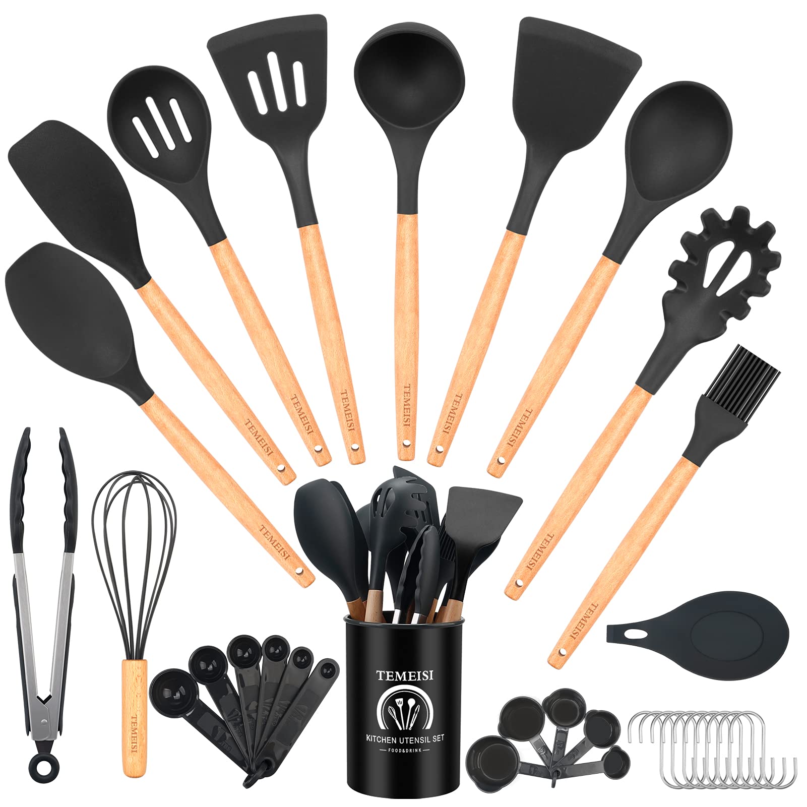 Premium 34-Piece Silicone Cooking Utensils Set with Wooden Handles - Heat Resistant Kitchen Tools Including Turner, Tongs, Spatula & Spoon with Utensil Holder - Ideal for Baking, Grilling & Everyday Cooking (Black & Gray)