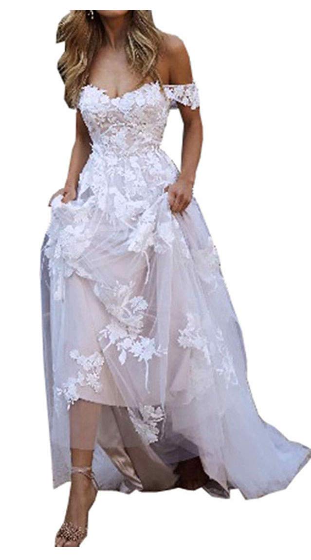 Elegant Off Shoulder Boho Wedding Dress with Lace Appliques – Romantic Bridal Gown for Beach, Garden & Outdoor Ceremonies