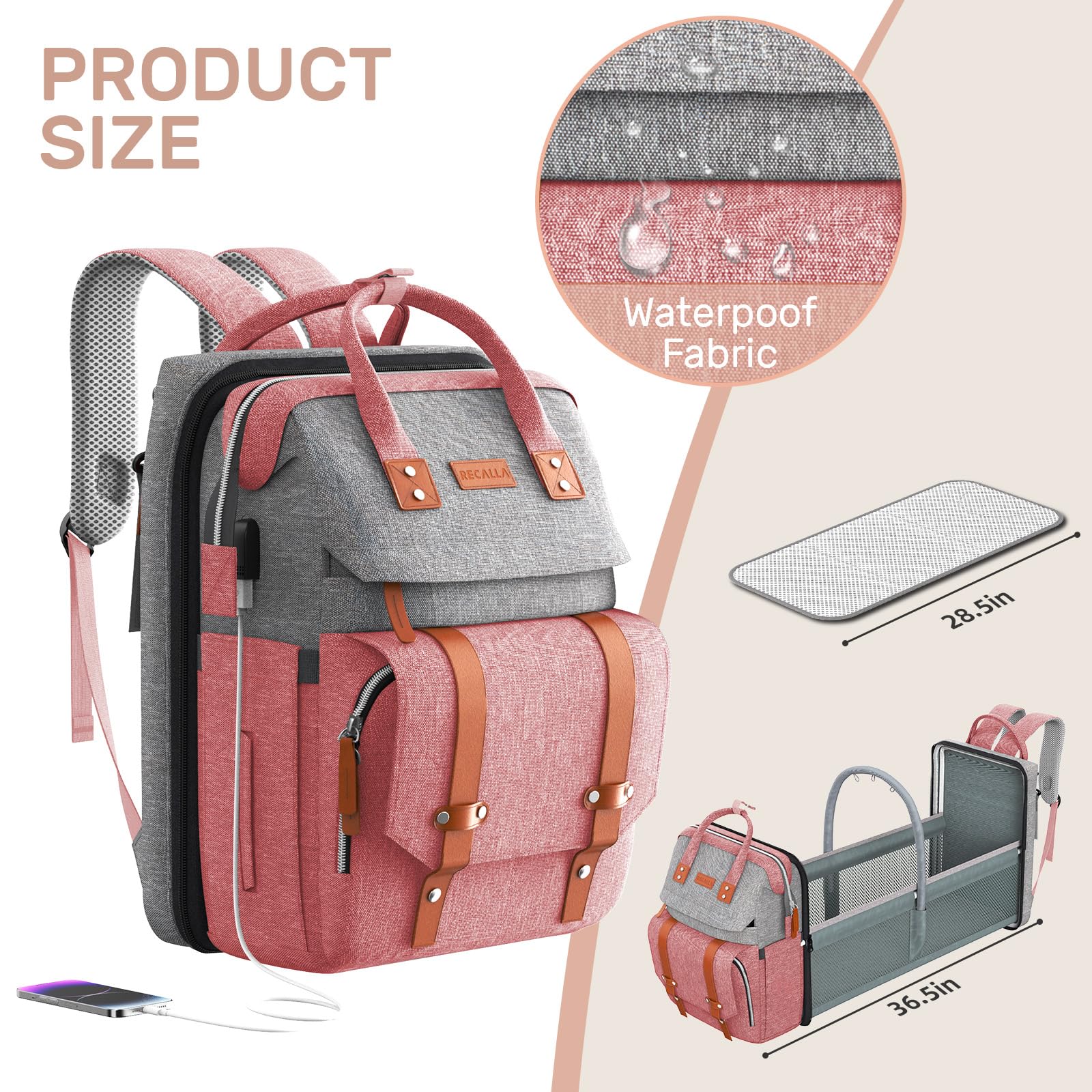 Waterproof Diaper Backpack with Insulated Bottle Pockets & Foldable Changing Pad - Large Multifunctional Baby Bag for Travel, Daycare & Outings (Pink & Gray)