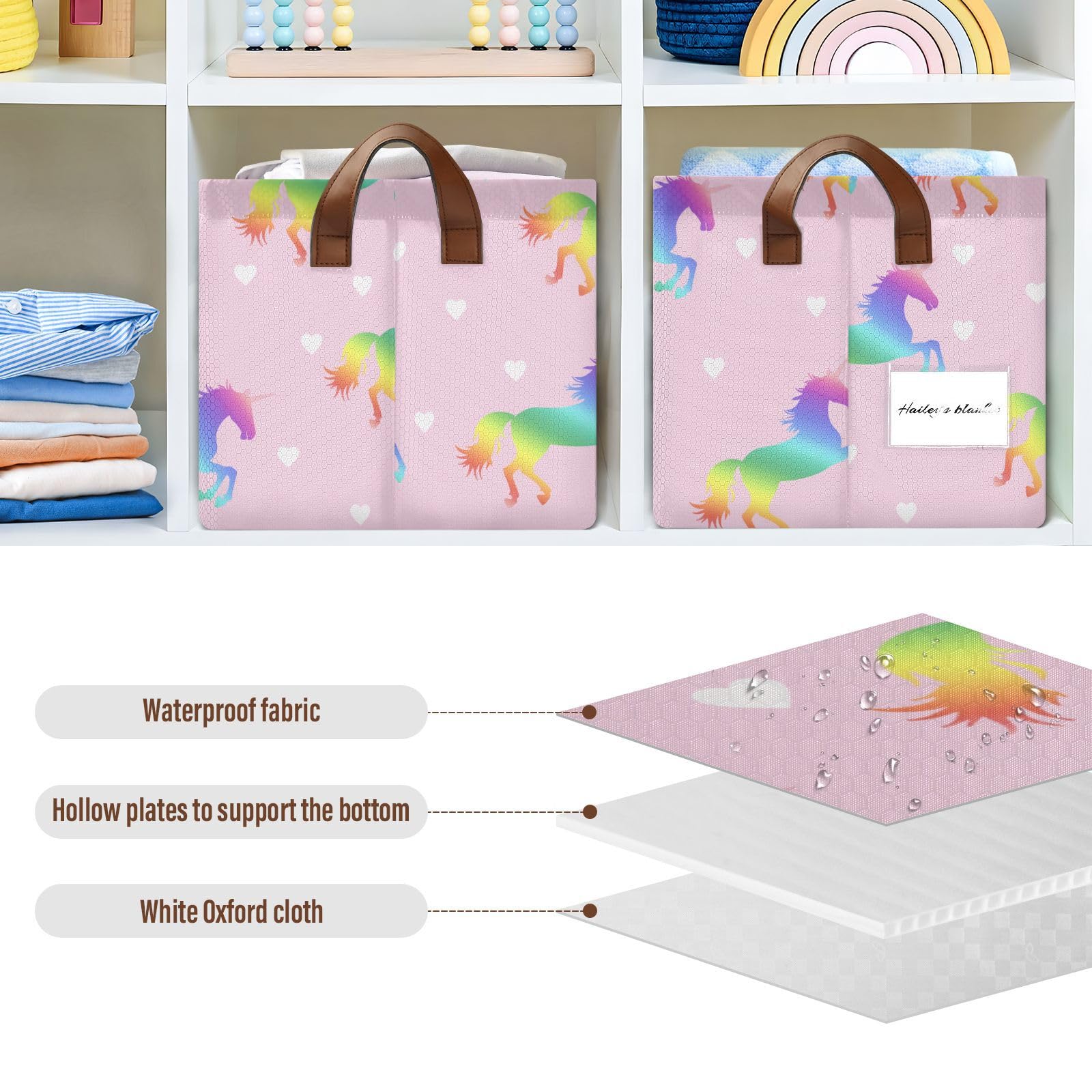 Emelivor Hearts Rainbow Unicorns Storage Bins - Foldable Organizer Baskets with Handles for Shelves, Dorm, Office, Nursery & Closet - Perfect for Books, Toys & Home Organization