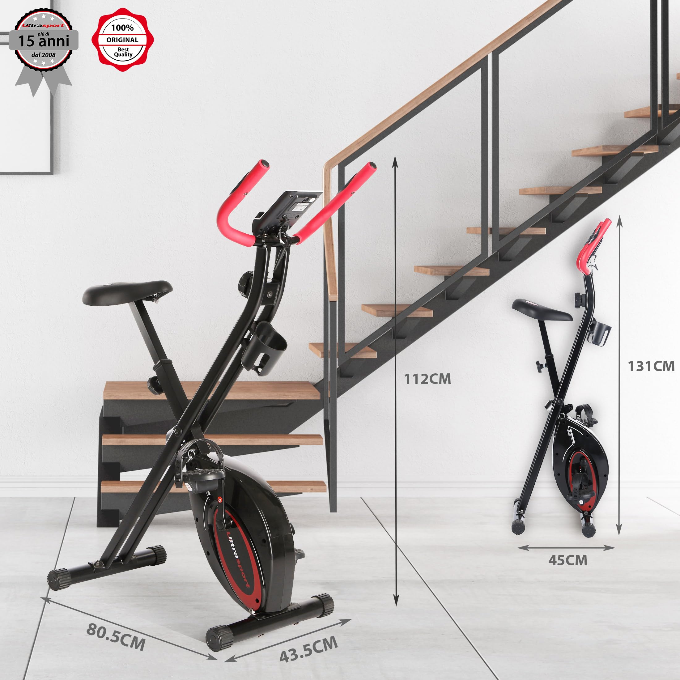 Ultrasport F-Bike Folding Exercise Bike with LCD Display & Hand Wrist Sensors - Adjustable Resistance, Easy Setup - Home Workout Equipment for Cardio Training, Seniors & Athletes - Perfect for Small Spaces & Indoor Cycling