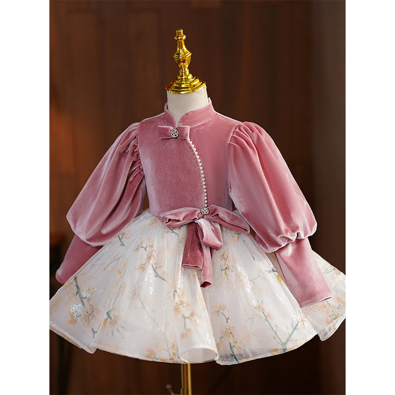 Pink Velvet Tulle Princess Flower Girl Dress with Beaded Lantern Sleeves - Perfect for Weddings, Birthday Parties & Special Occasions