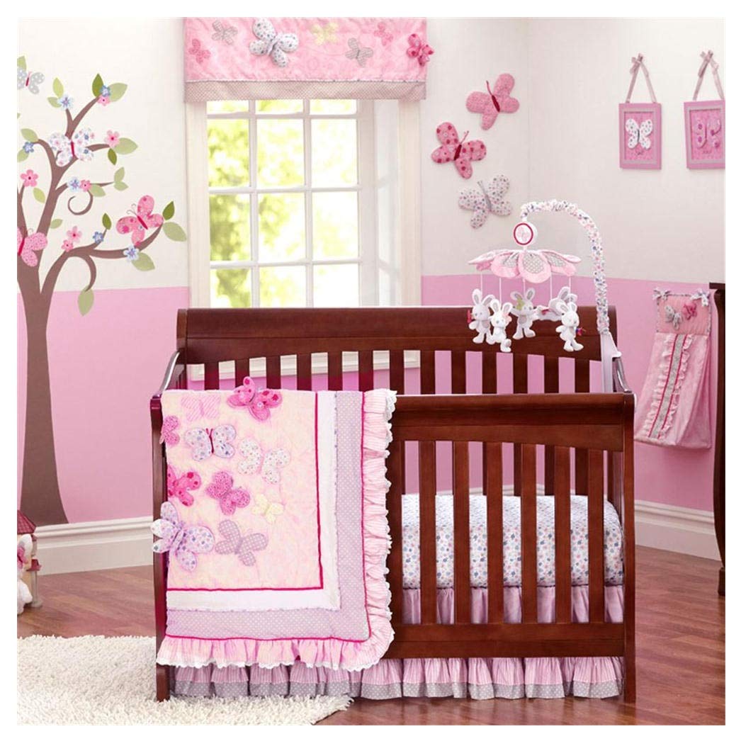 Brandream 5-Piece Pink Butterfly Nursery Bedding Set for Baby Girls - Crib Skirt, Fitted Sheet, Bumper Pads, Window Valance - Soft Cotton Crib Set for Infant & Toddler Bedrooms, Baby Shower Gift