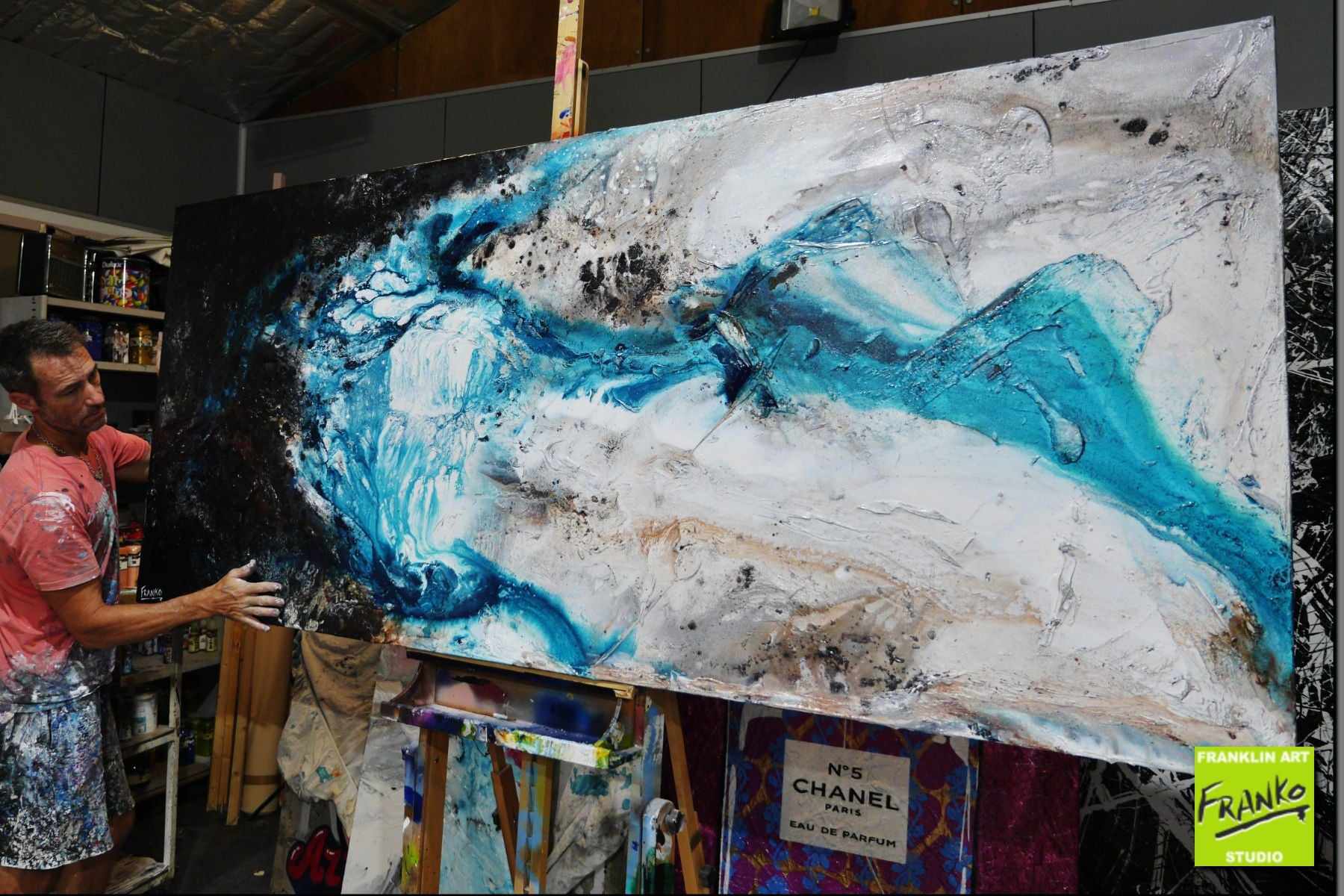 Southern Liquid Rush 240x100cm Blue Grey Black Textured Abstract Canvas Painting - Modern Wall Art for Living Room, Bedroom & Office Decor