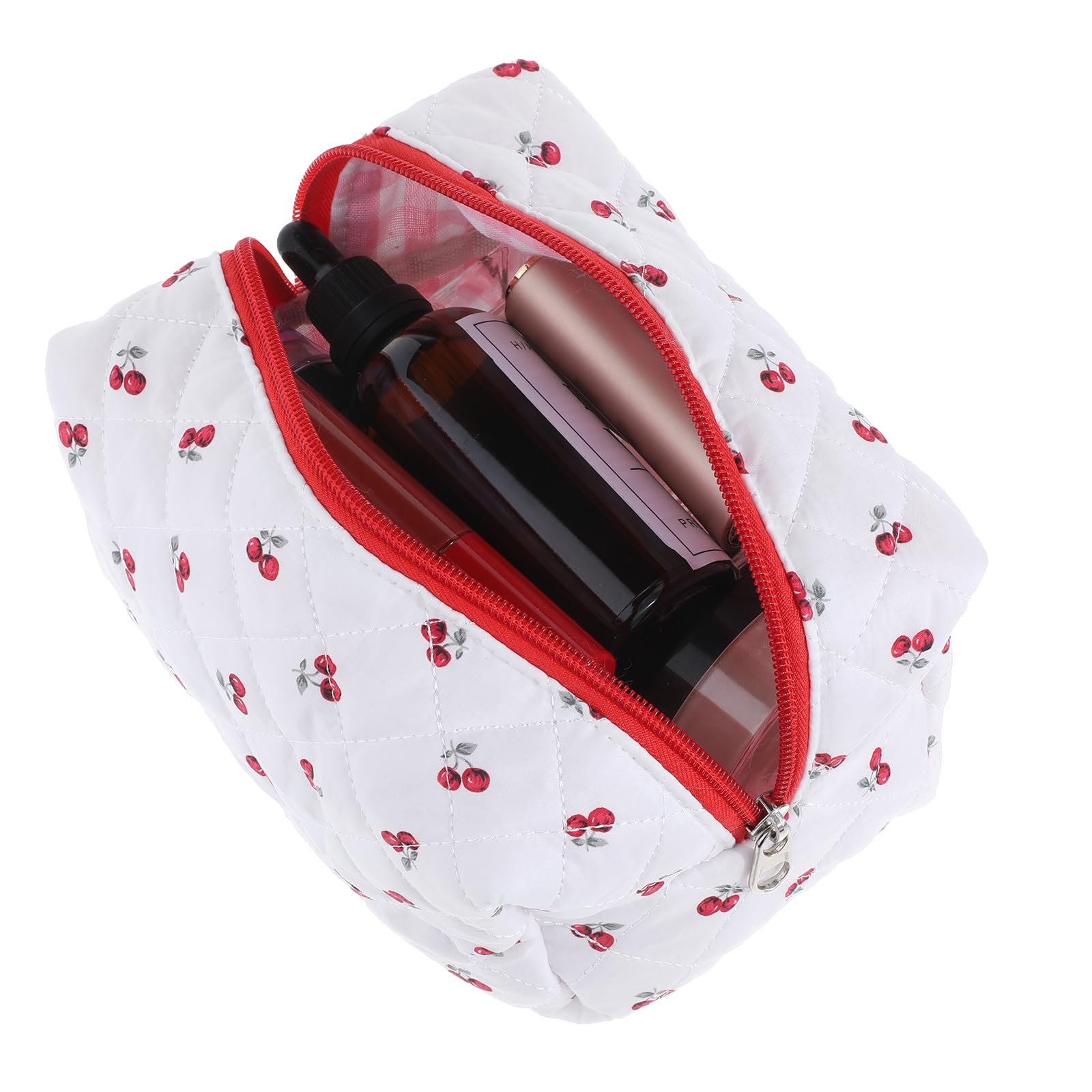 Quilted Cherry Makeup Bag for Women & Girls - Cute Small Travel Cosmetic Pouch with Zipper, Portable Toiletry Organizer | Perfect for Travel, Gym, and Daily Use