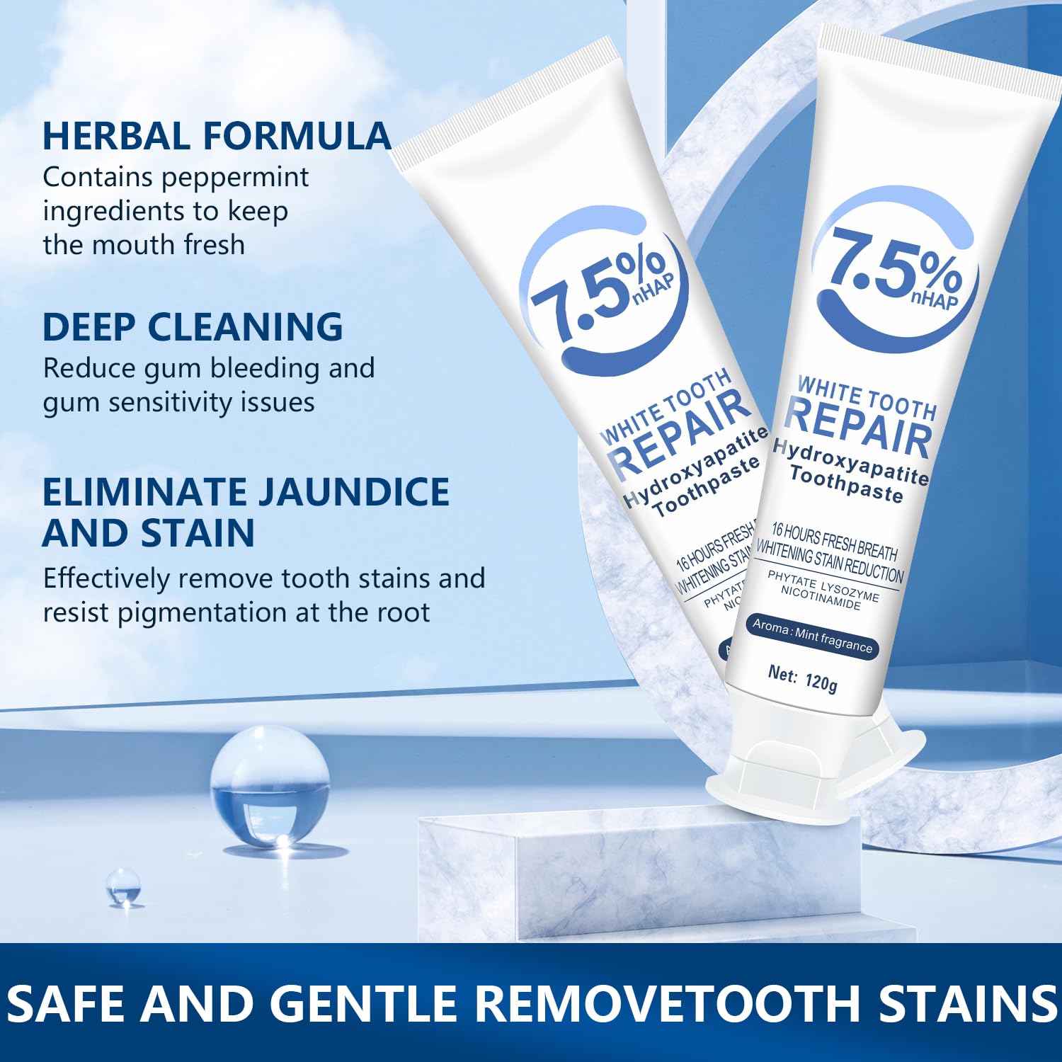 2Pcs Hydroxyapatite Toothpaste for Enamel Repair & Teeth Whitening - Fluoride-Free, Sensitive Teeth Relief, Natural Whitening Formula - Fresh Mint Flavor (120g/4.23oz Each) - Ideal for Daily Oral Care & Travel Use