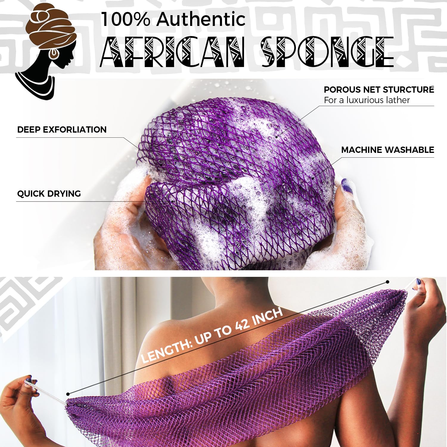 Authentic African Net Sponge - 2 Pack Exfoliating Body Scrubber & Back Scrubber for Shower, Bath & Travel with Free Pouch | Deep Cleansing, Skin Exfoliation & Spa Experience at Home