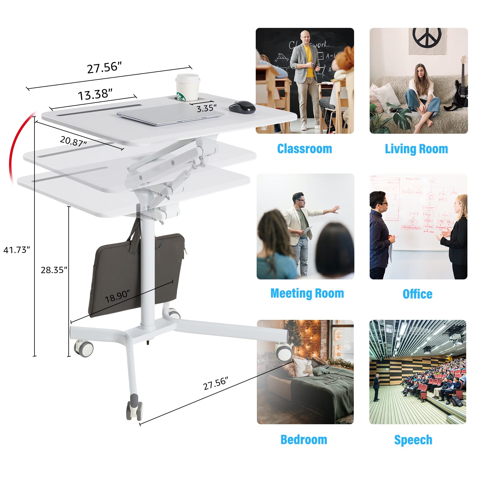 Adjustable Mobile Sit Stand Desk with Wheels - White Height Adjustable Rolling Laptop Workstation with Gas Spring Riser for Home Office, Classroom & Dorm | Portable Standing Desk for Work, Study & Video Calls