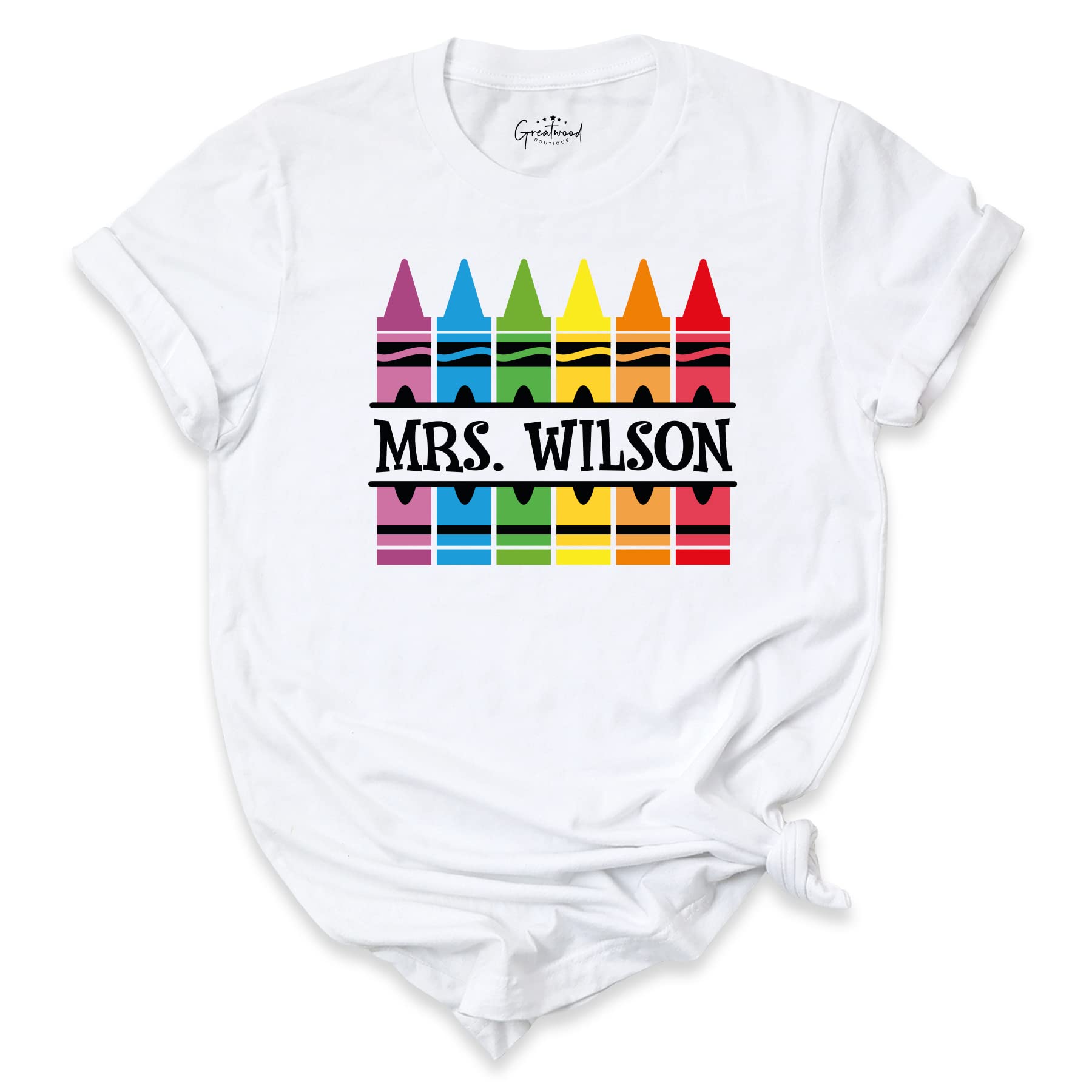 Personalized Crayon Teacher T-Shirt - Custom Name Funny Teacher Tee for Back to School, Classroom & Educator Appreciation - Perfect Gift for Teachers Day, End of Year & School Events