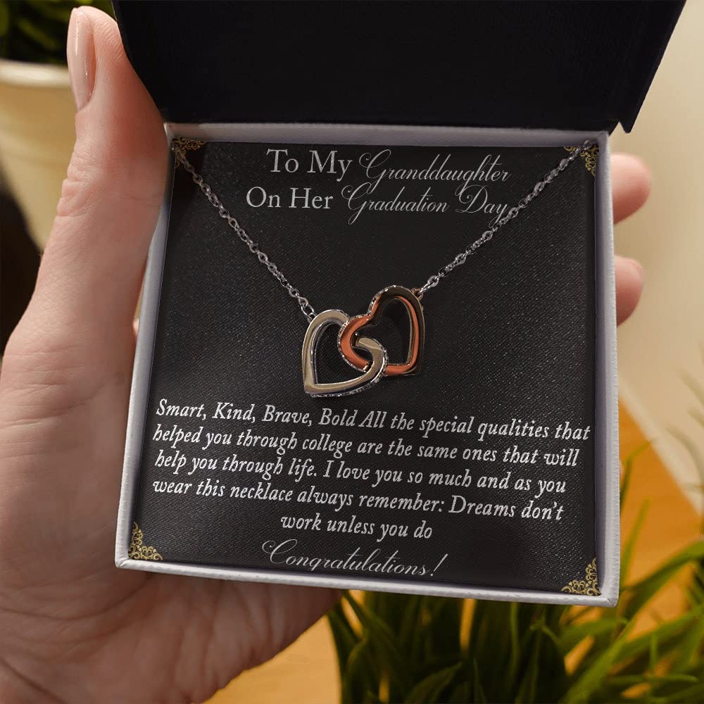 Interlocking Hearts Necklace - Graduation Gift for Granddaughter, Smart & Brave - Jewelry with Message Card for High School & College Grads
