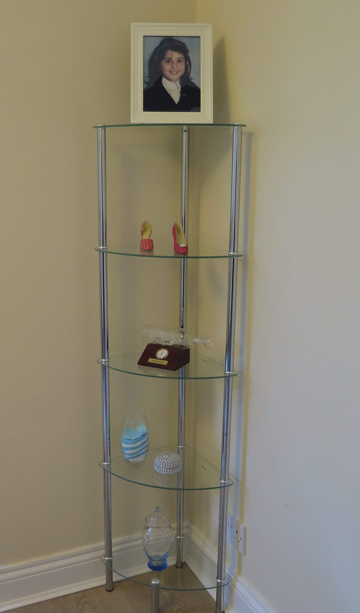 5-Tier Corner Glass Display Shelf - Aspect Polo 5 Clear Glass Unit (Silver/Clear) - Perfect for Retail Stores, Boutiques & Home Decor Organization
