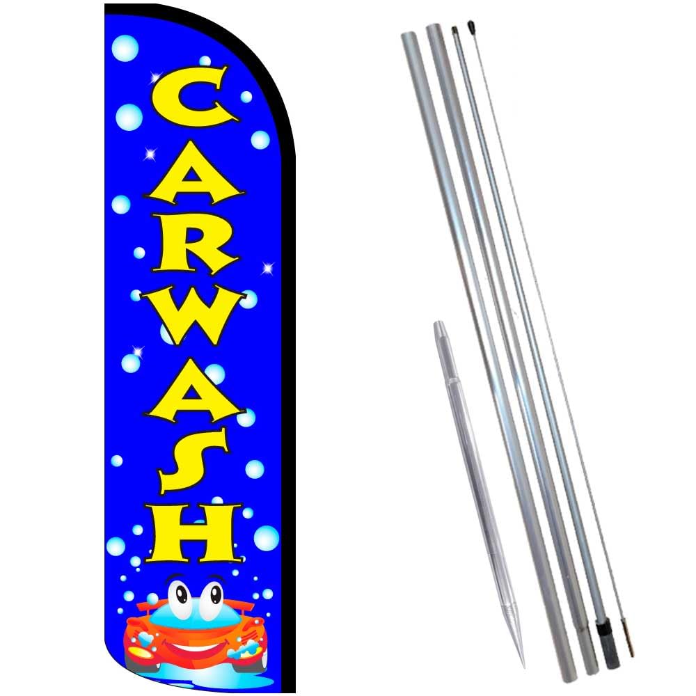 Vista Flags CAR WASH (Blue/Bubbles) Windless Feather Banner Flag Kit with Pole & Ground Mount - Perfect for Car Wash Advertising, Business Promotion, and Outdoor Events
