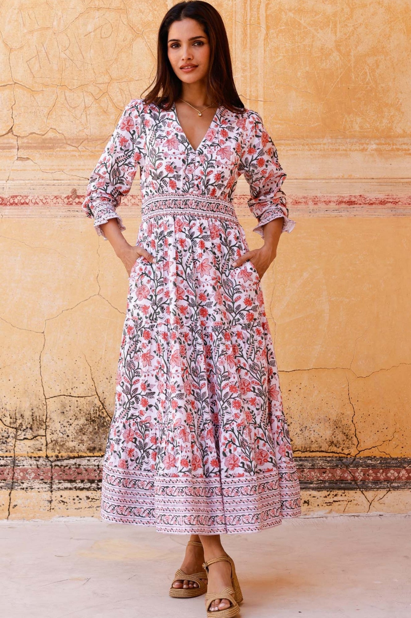 Billie Organic Cotton Block Print Dress - Gardenia Pink & Green Floral | Boho Chic Summer Dress for Women | Perfect for Beach, Vacation & Casual Outings