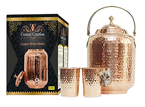 Handcrafted Pure Solid Copper Ayurvedic Matka Water Pot - 5L Traditional Fiber & Metal Water Storage Dispenser with Tap & 2 Glass Cups - Perfect for Home, Office & Ayurvedic Wellness Rituals