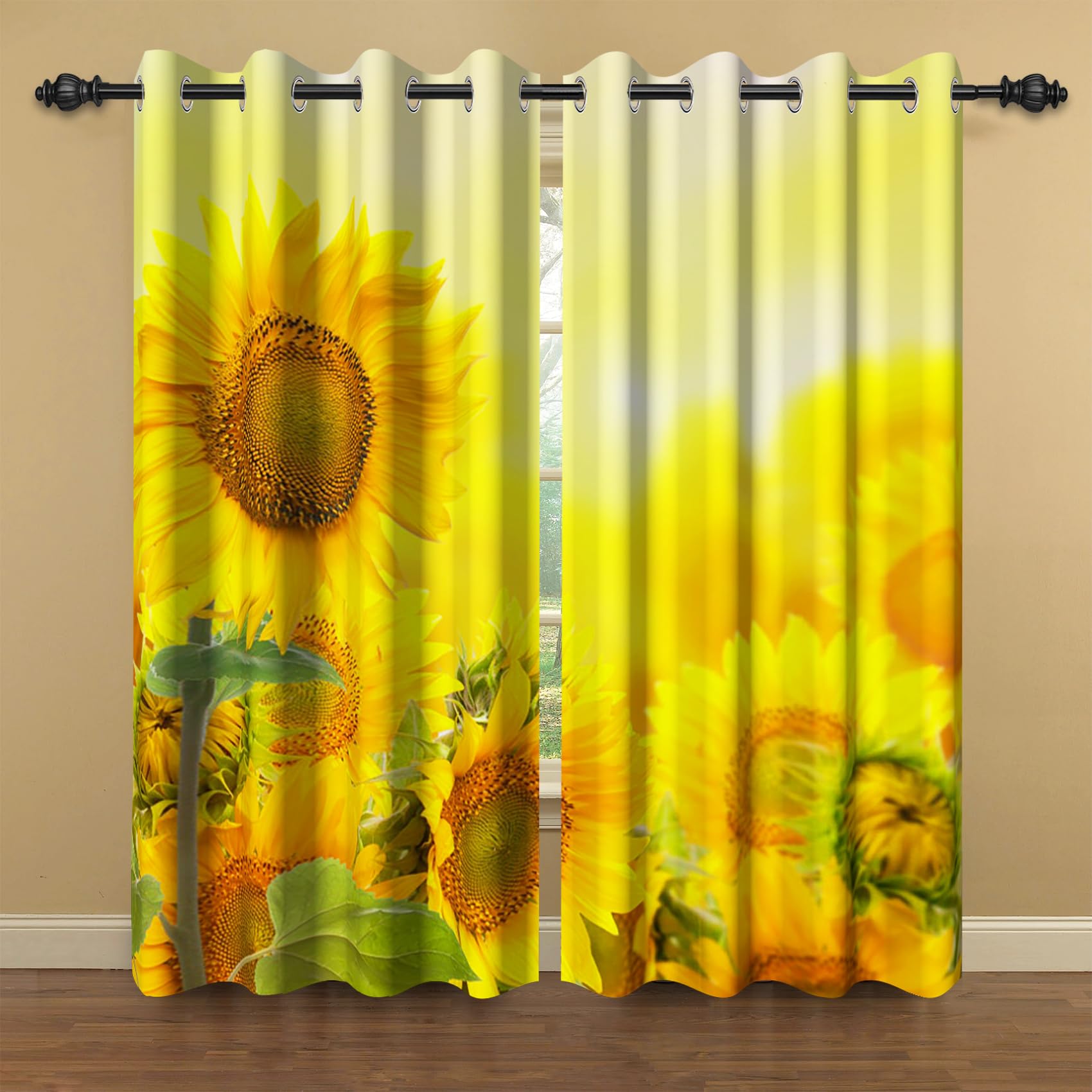 Baocicco Sunflower Blackout Curtains - 2 Panels 53x96 Inch, Thermal Insulated & Soundproof Floral Drapes for Kitchen, Bedroom, Living Room - Country Nature Garden Sunflower Theme with Grommets | Perfect for Home Decor, Privacy & Light Blocking