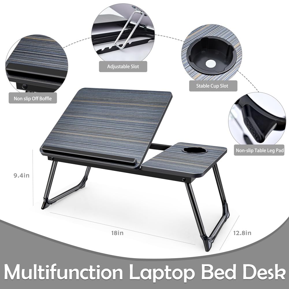 Adjustable Laptop Desk for Bed & Couch - Foldable Portable Lap Desk with Cup Holder, Breakfast Tray & Bed Table for Writing, Eating, Working - Perfect for Home Office, Dorm Room & Sofa Use (Black)