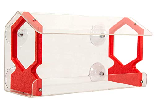 JC's Wildlife Geometric Diner 13-Window Bird Feeder - Easy to Clean & Fill, Holds 4 Cups of Seed - Clear Acrylic Window Bird Feeder with Strong Suction Cups (Red) - Perfect for Bird Watching at Home, Office or Garden