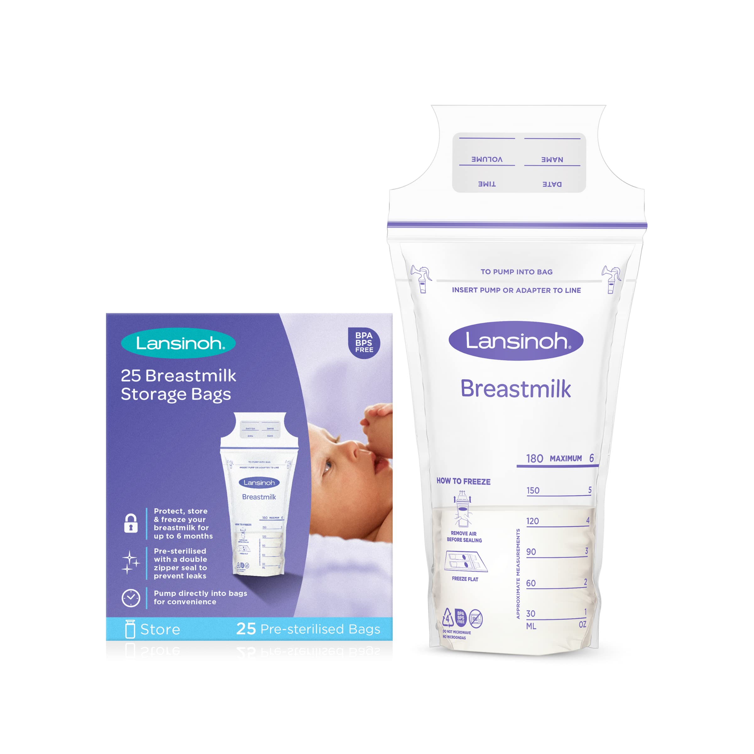 Lansinoh Breastmilk Storage Bags - 25 Count, BPA Free, Leak Proof, Pre-Sterilized for Safe Breast Milk Storage - Perfect for Pumping, Travel, and Freezing Breast Milk