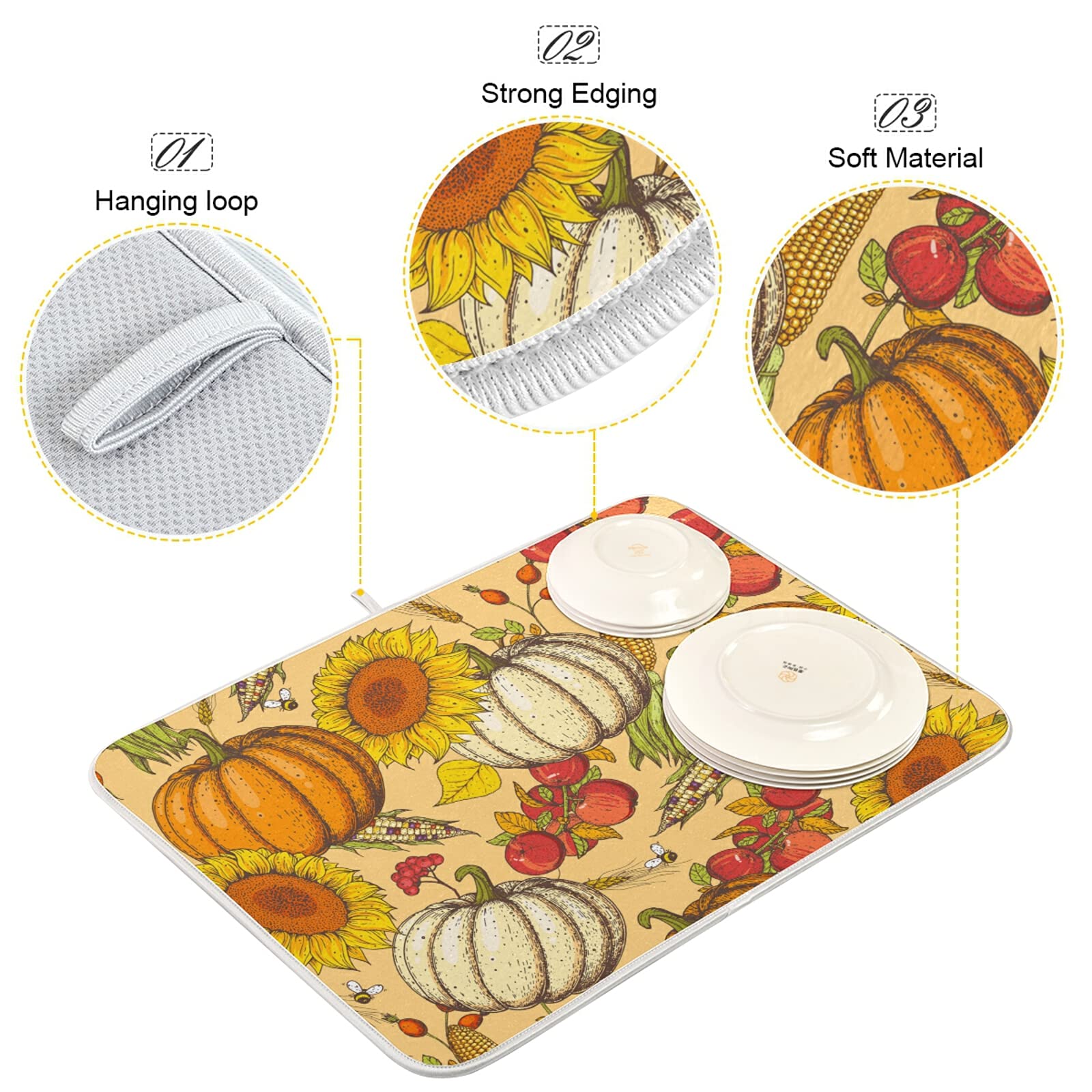 Pumpkin Dish Drying Mat 18x24 Inch - Absorbent Kitchen Counter Mat for Dishes & Utensils