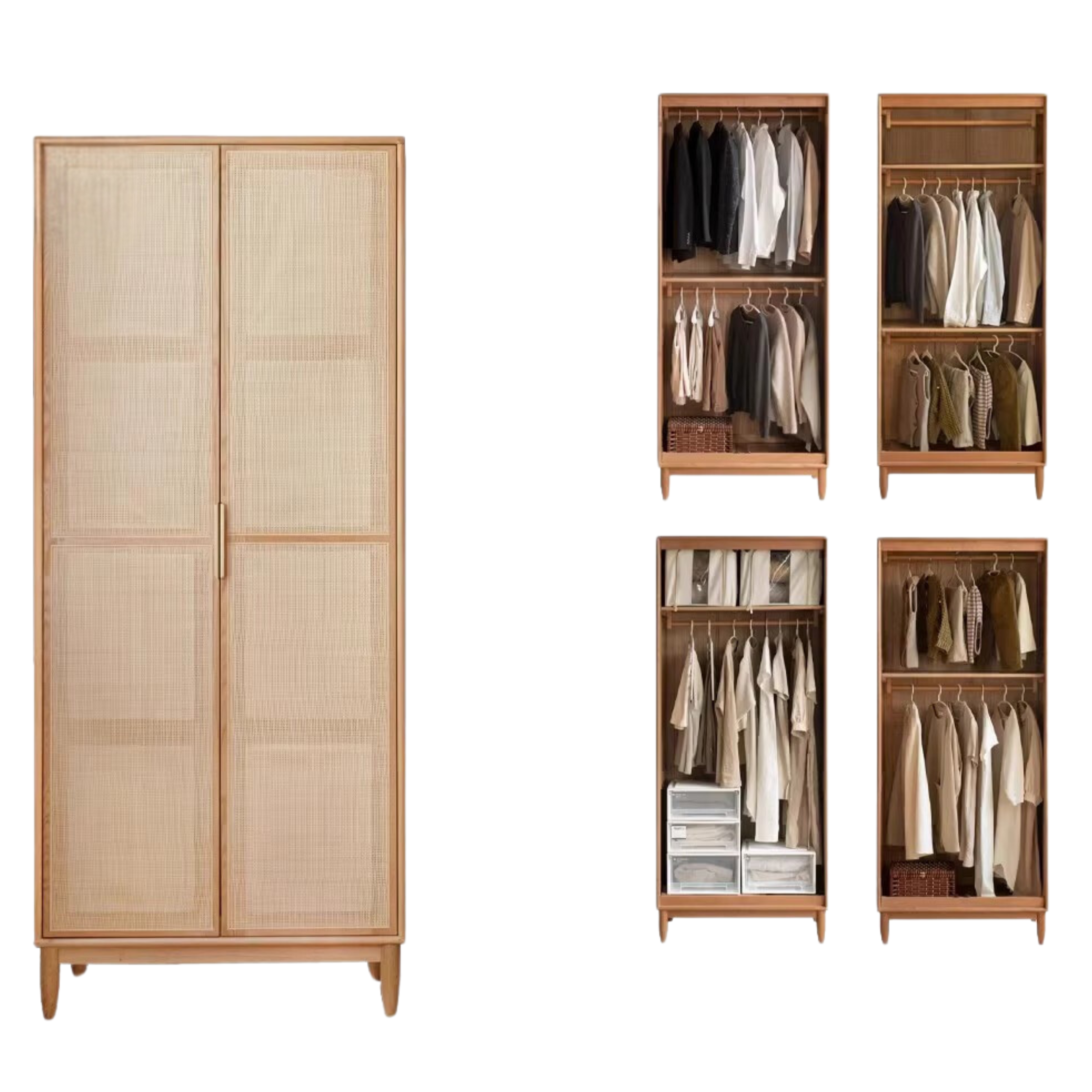 Solid Oak Wood Rattan Wardrobe - Stylish Storage for Bedroom, Living Room & Closet Organization
