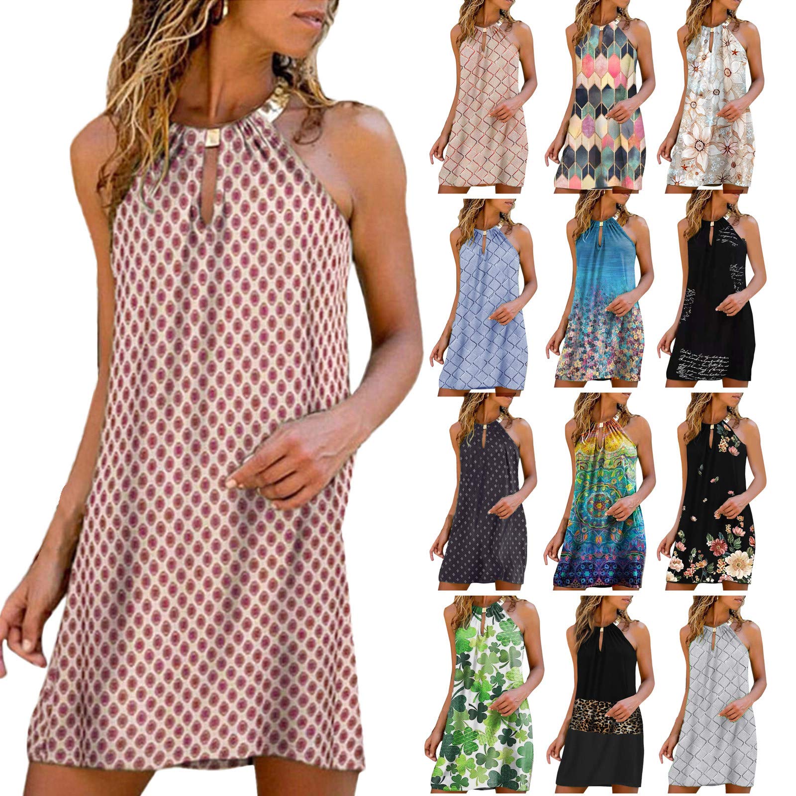 Lingbing Women's Summer Dresses - Casual Sexy Sleeveless Floral Mini Dress, Beach Halter Neck Dress for Plus Size | Perfect for Beach Vacations, Pool Parties & Summer Outings