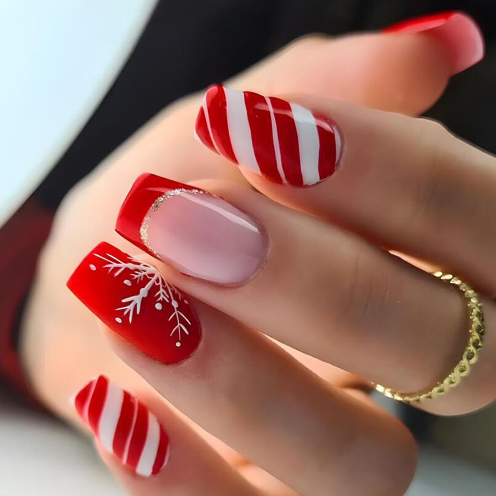 Festive Christmas Press on Nails - 24Pcs Short Coffin Fake Nails with Snowflake & Stripe Designs, French Tip Winter Nails, Glossy Red Acrylic Stick on Nails for Women | Perfect for Holiday Parties, Gift Giving & Winter Celebrations