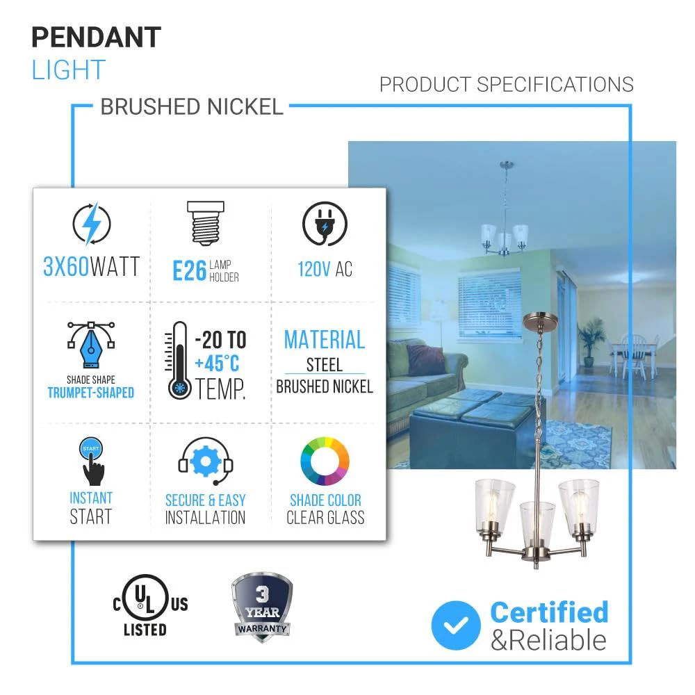 LEDMyplace 3-Light Flared Island Chandelier - Clear Glass Shade, Oil Rubbed Bronze Finish, E26 Base - Modern Farmhouse Pendant Lighting for Kitchen Island, Dining Room & Living Room (Bulb Not Included) | Perfect for Home Decor, Open Concept Spaces & Rustic Interiors