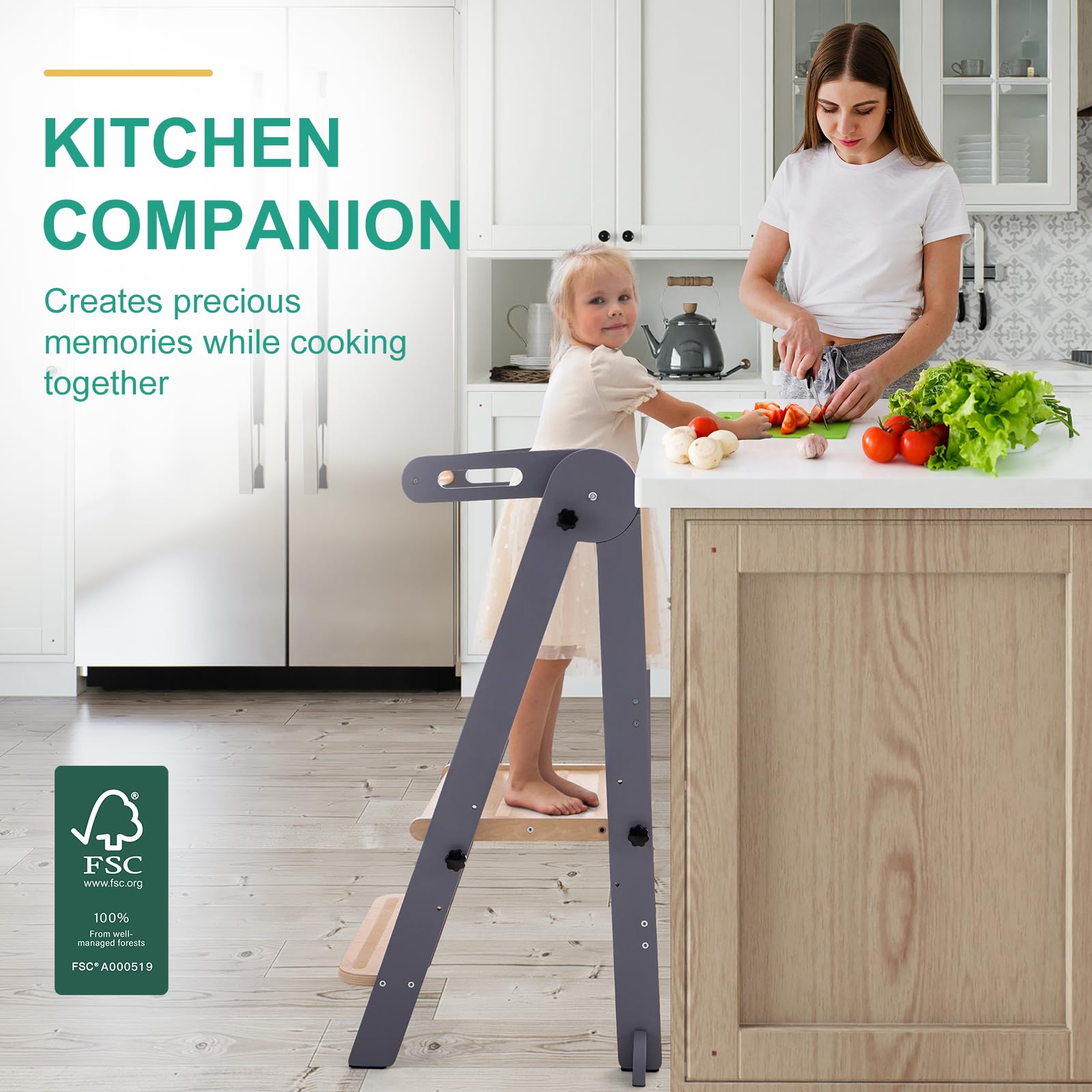 Foldable Toddler Tower - Adjustable Kitchen Step Stool for Kids 1.5-6 Years | 3 Height Settings with Non-Slip Safety Strips | Montessori Learning Tower for Cooking, Baking & Washing Hands at Sink (Gray) - Perfect for Kitchen Counter Access & Independent Play
