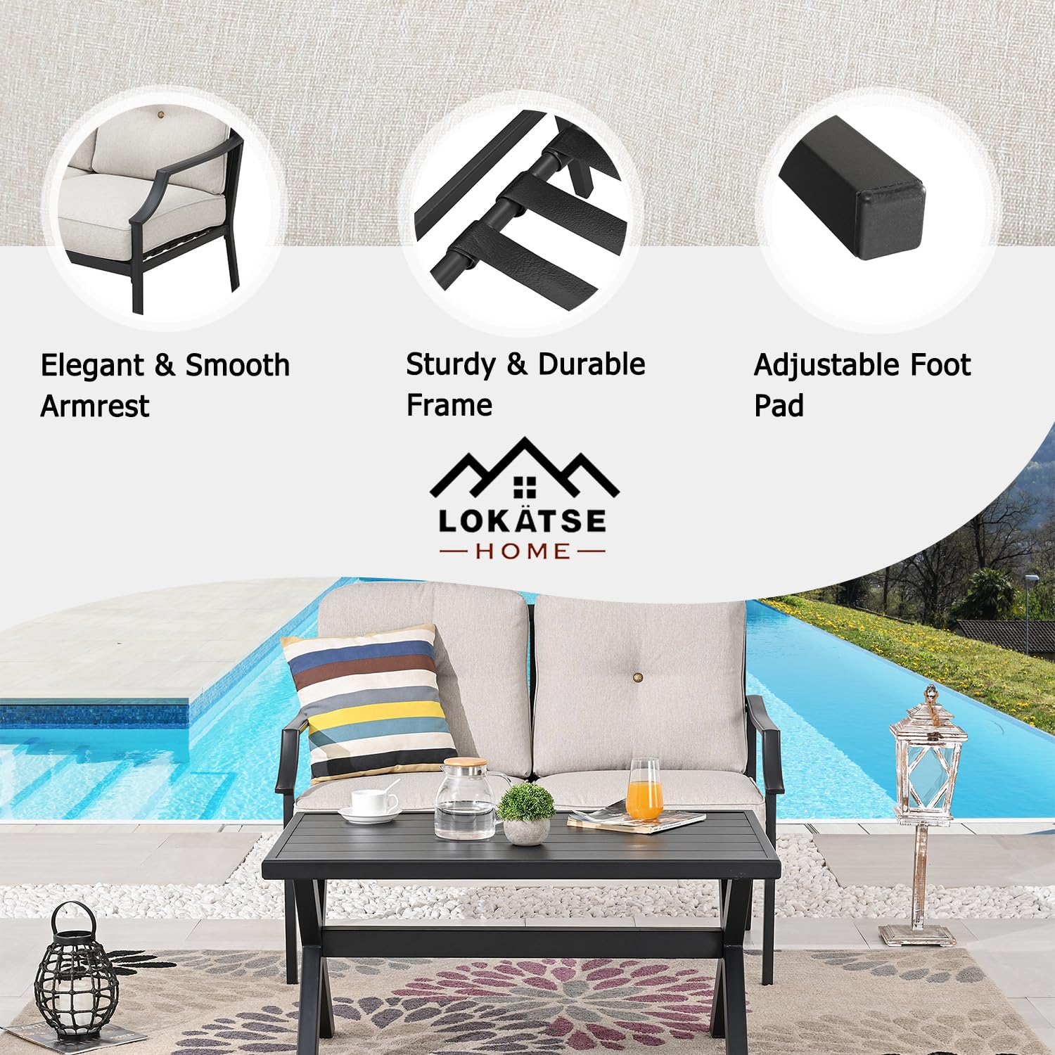 LOKATSE HOME 2-Piece Outdoor Patio Loveseat Set with Cushions & Steel Coffee Table - Beige - Perfect for Garden, Backyard, and Poolside Relaxation
