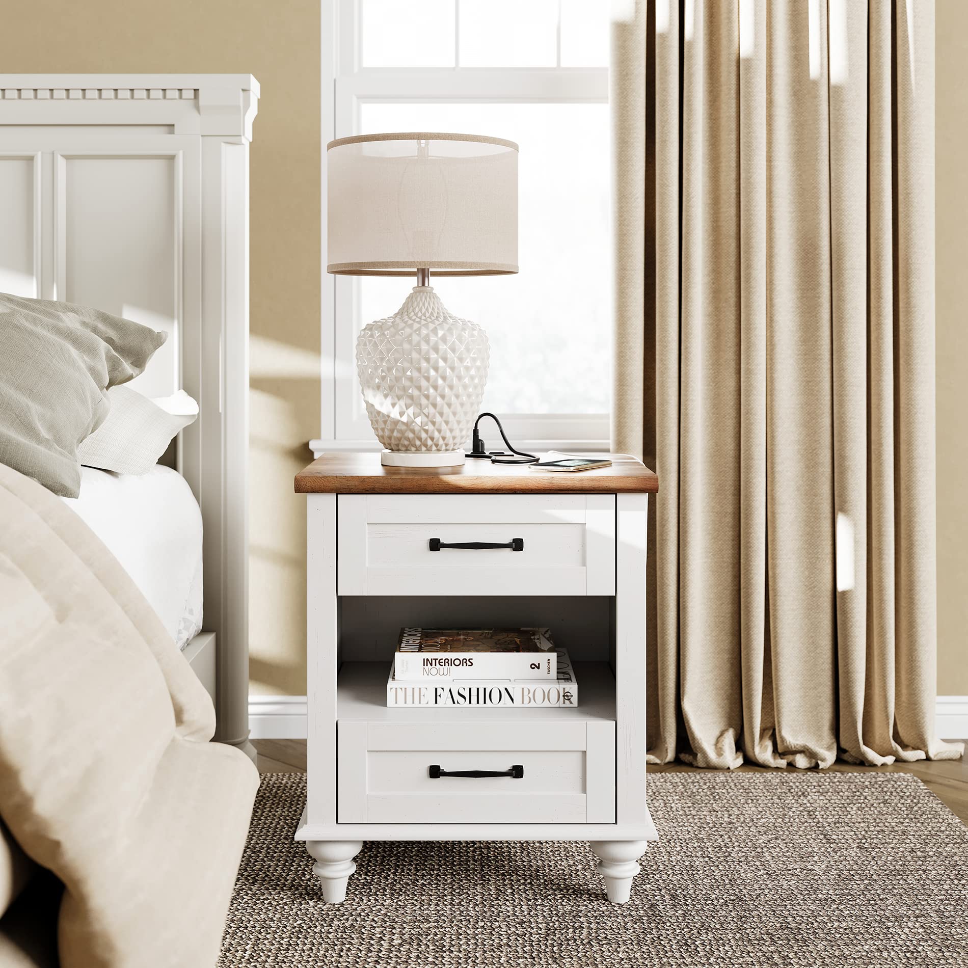 WAMPAT White Nightstand with USB Charging Station, 2 Drawers & Open Shelf - Mid-Century Modern Bedside Table with Solid Wood Legs for Bedroom, Living Room - Perfect for Small Spaces, Apartment Furniture & Home Office Organization