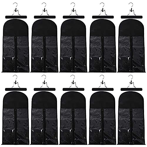 10pcs Wig Storage Bags with Wooden Hangers - Dustproof Hair Extensions Organizer for Beauty Salon, Travel & Daily Use (Black Bags + Black Hangers) - Perfect for Wig Protection & Storage at Home or On-the-Go