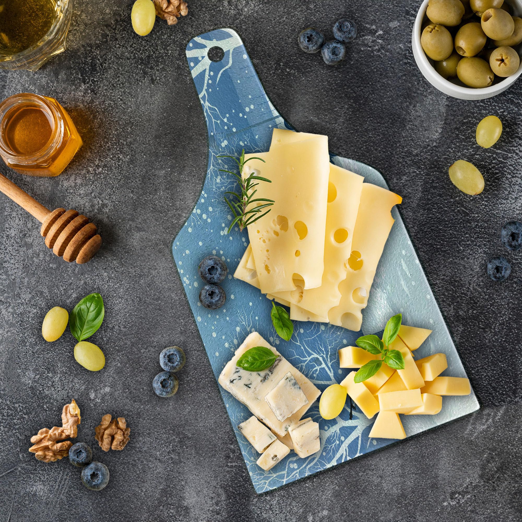 Snowy City Park Road Tempered Glass Cutting Board - Christmas-Themed Wine Bottle Shape Serving Board for Cheese, Charcuterie & Holiday Entertaining | Blue & White Decorative Kitchen Gift