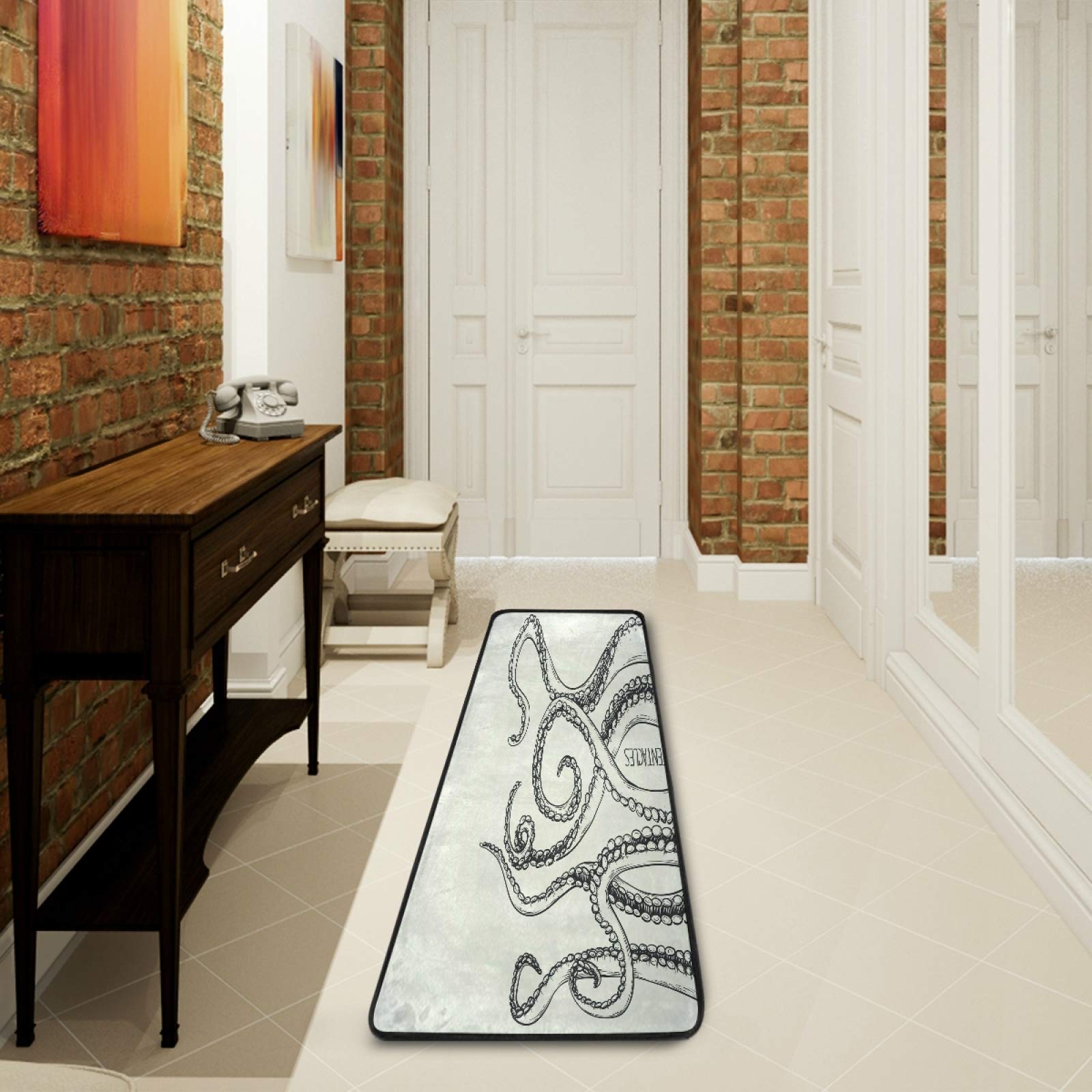 Non-Slip Octopus Tentacle Area Rug 2'x6' - Grey Ocean Animal Print Runner Carpet for Hallway, Living Room, Bedroom & Entryway | Soft Indoor Home Decor for Coastal & Nautical Themed Spaces