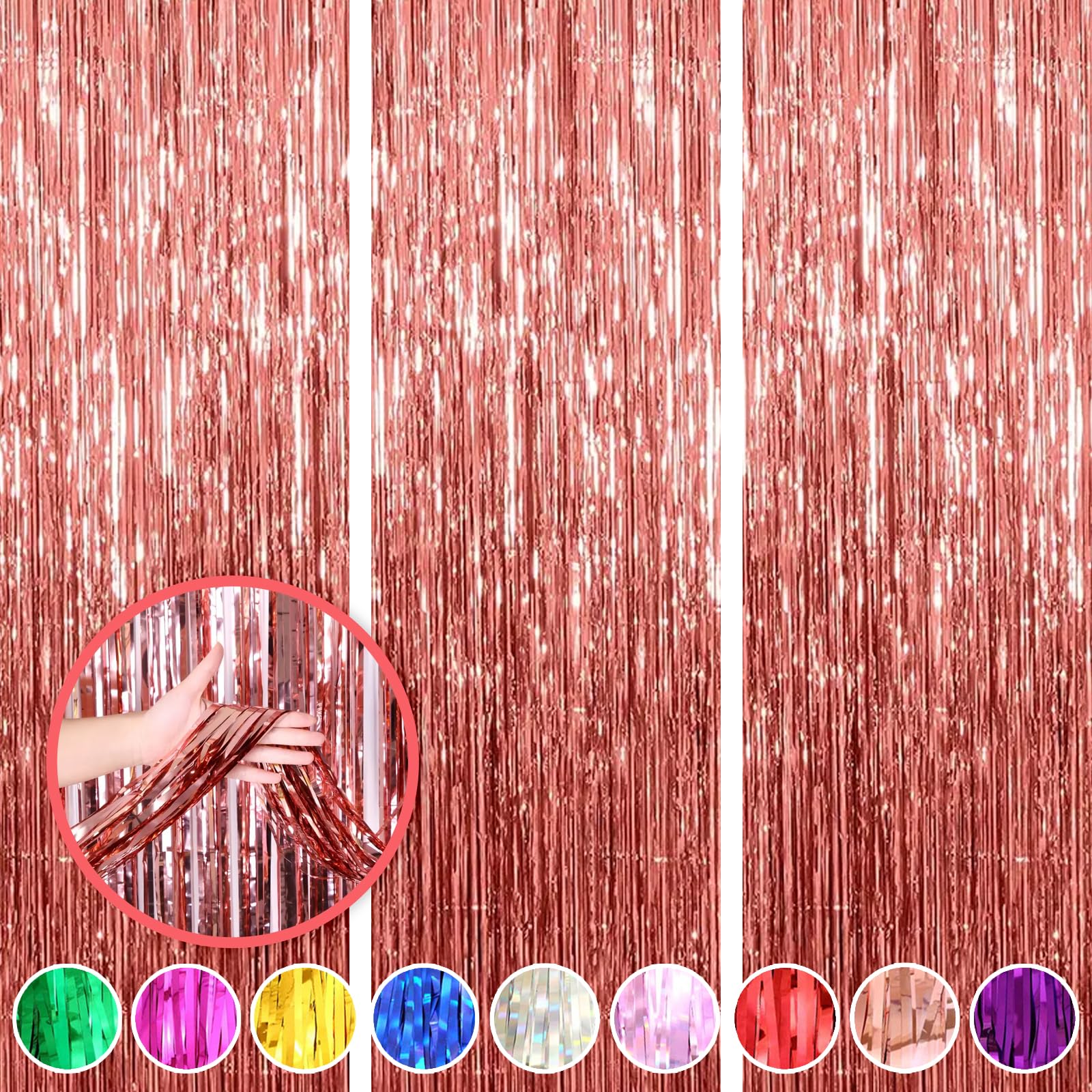 3 Pack Rose Gold Metallic Foil Fringe Curtains & Tinsel Streamers - Elegant Party Decor for Bachelorette, Birthday, Graduation & Baby Shower - Perfect for Photo Backdrops, Wall Decor & Event Styling