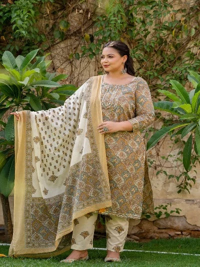 Plus Size Light Brown Cotton Printed Ready-Made Salwar Suit for Women | Comfortable Ethnic Wear for Festivals & Special Occasions