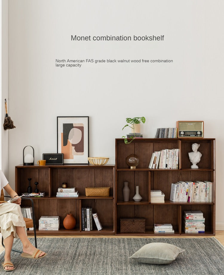 Solid Black Walnut Wood Floor Standing Low Bookcase - Modern Bookshelf with Storage for Living Room, Office & Study | Durable Wooden Shelf for Home Decor & Organization