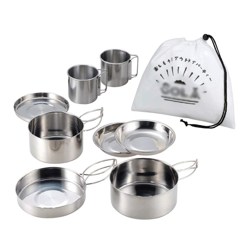 SHZBCDN 8-Piece Stainless Steel Outdoor Camping Cookware Set - Non-Stick Stackable Pots & Bowls for Hiking, Backpacking, Picnics & RV Trips - Lightweight Durable Cookware Kit for Camp Stoves & Outdoor Cooking