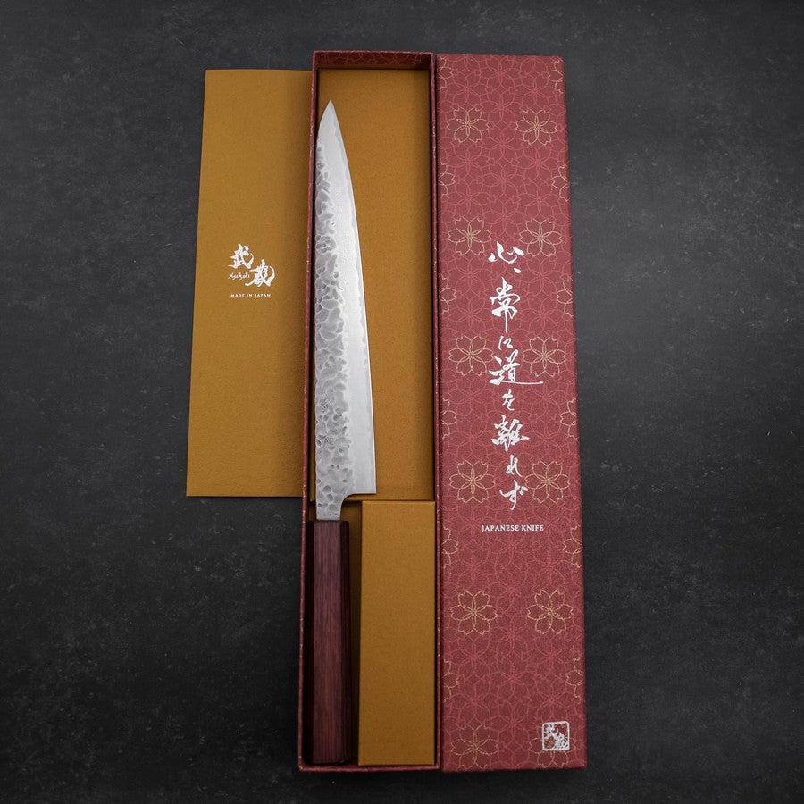 Premium AUS-10 Steel Sujihiki Knife 240mm - Handcrafted Tsuchime Damascus Blade with Purple Urushi Handle - Perfect for Sushi, Sashimi & Precision Slicing