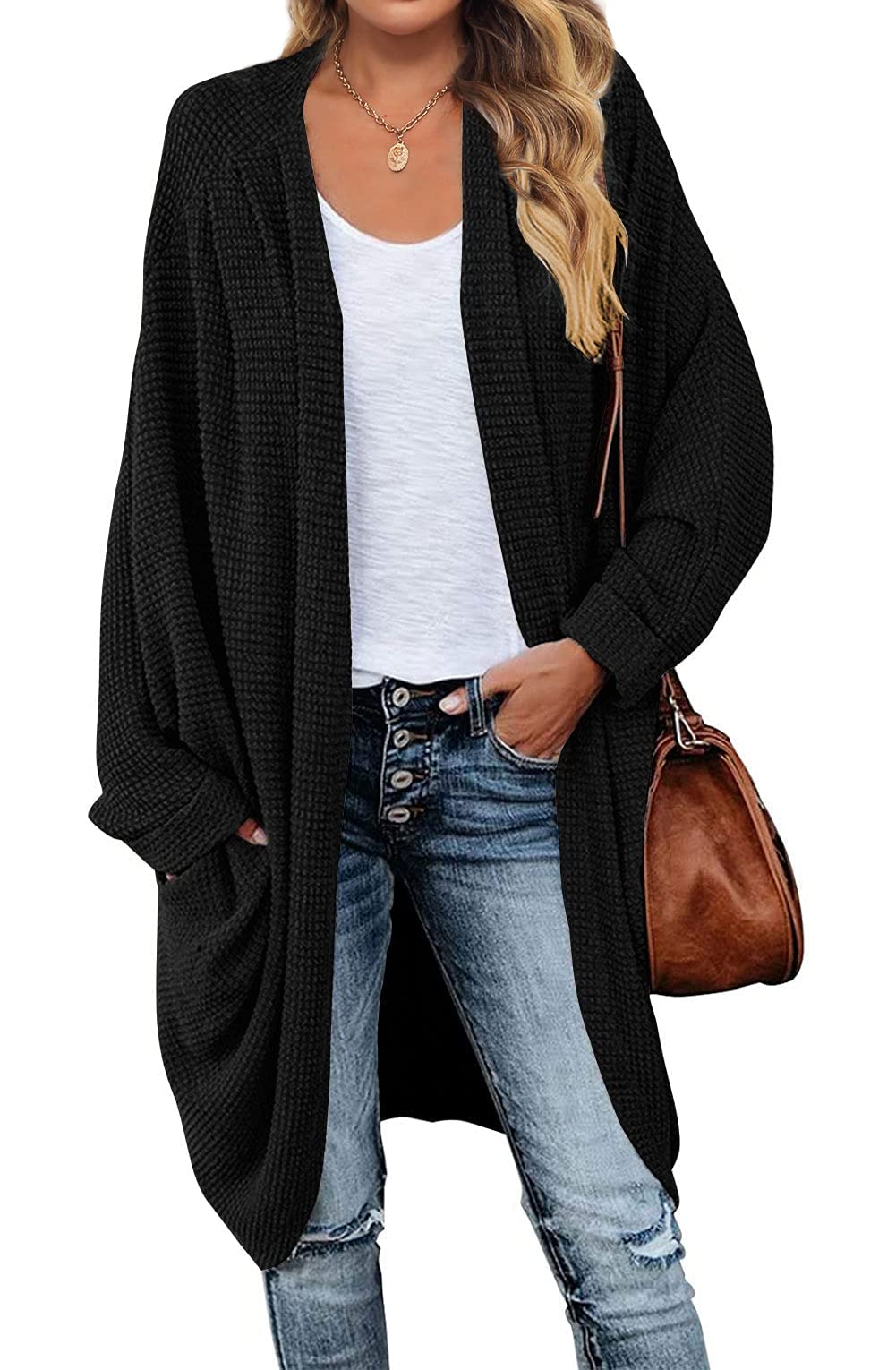 MEROKEETY Women's Waffle Knit Batwing Long Sleeve Cardigan - Loose Open Front Sweater Coat for Fall 2025 | Cozy Layering Piece for Office, Date Night & Autumn Outfits