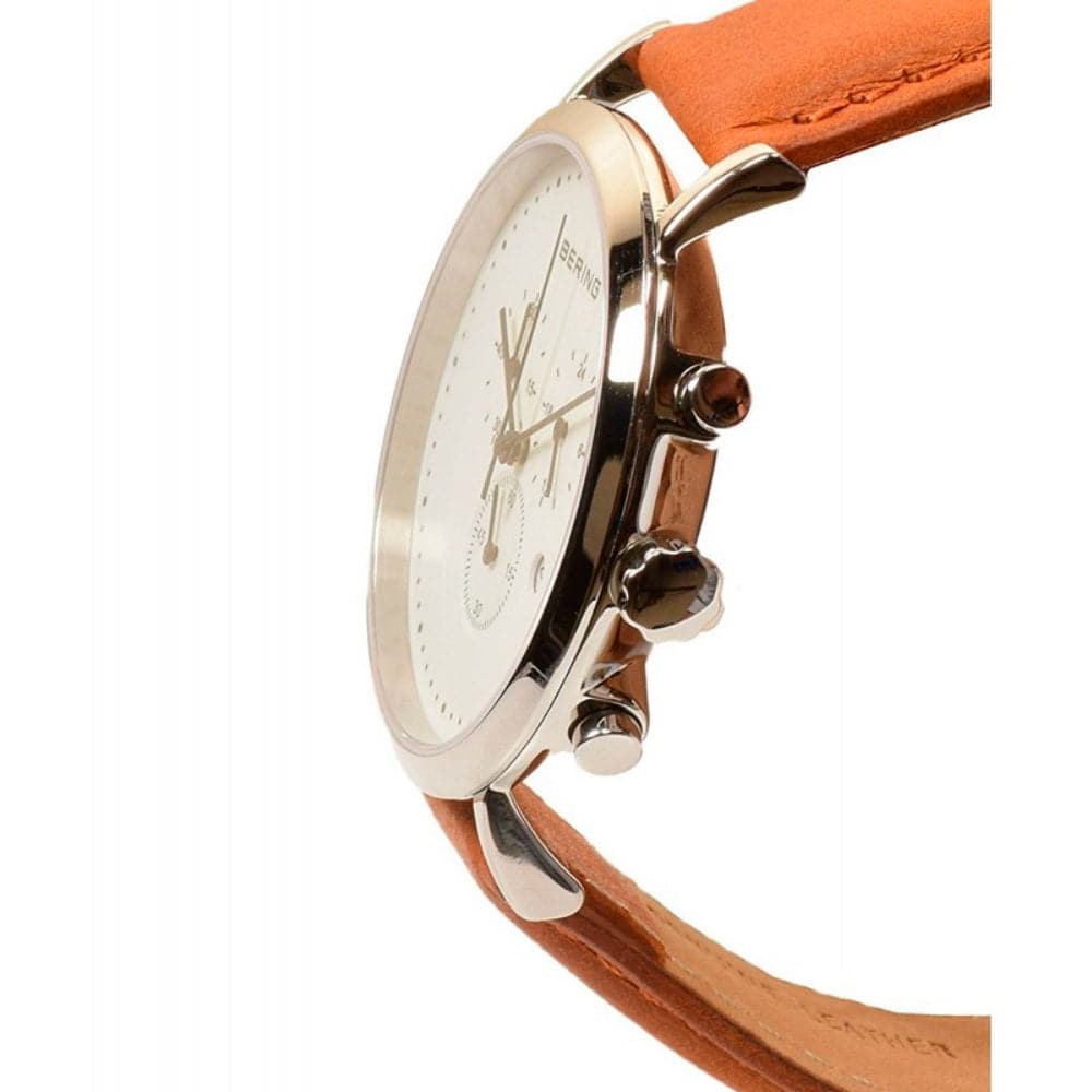 BERING 10540 504 Classic Chronograph Men's Watch - White Dial, Brown Leather Strap | Waterproof Dress Watch for Business, Formal & Casual Wear