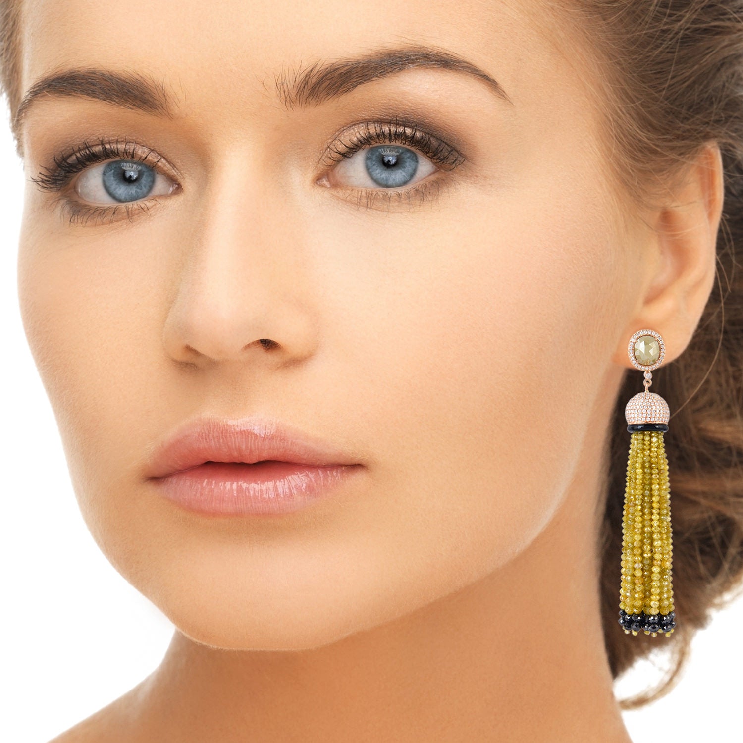 18k Rose Gold Onyx Beaded Ice Diamond Designer Tassel Earrings - Elegant Dangle Earrings for Women, Perfect for Parties, Weddings & Special Occasions