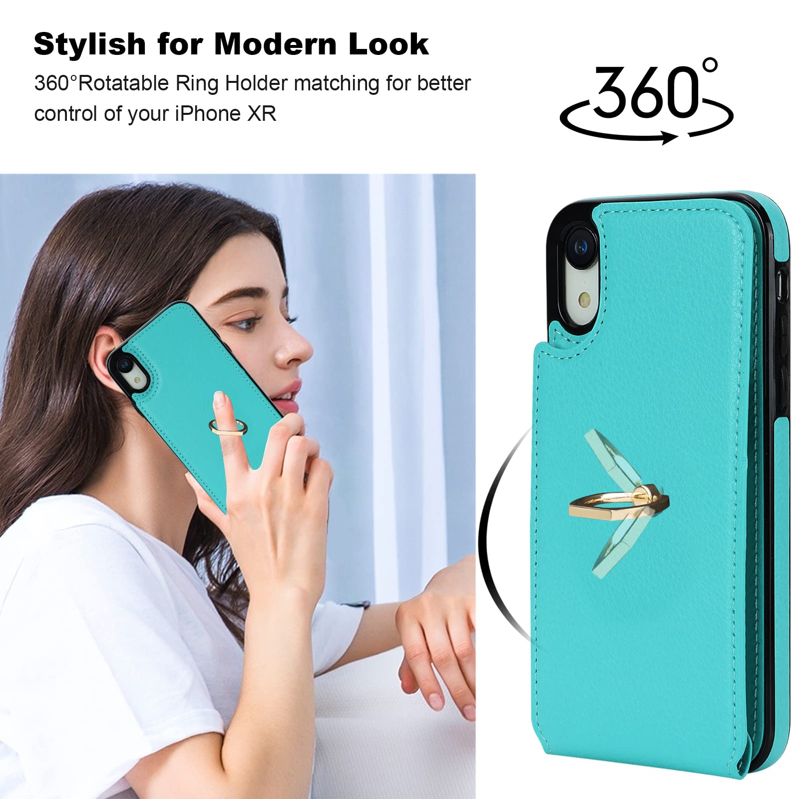 Folosu iPhone XR Wallet Case with Card Holder & 360° Rotating Finger Ring Stand - RFID Blocking PU Leather Flip Cover with Kickstand & Double Button Closure (6.1 Inch, Mint Green) - Perfect for Work, Travel & Everyday Protection