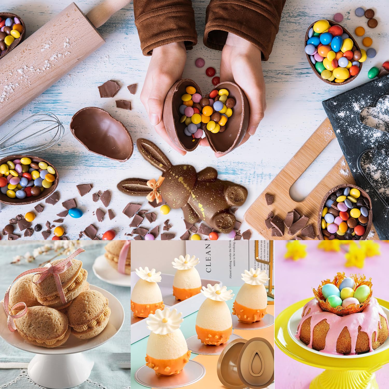 Easter Egg and Bunny Chocolate Molds - 2 Pack Non-Stick Silicone Easter Molds for DIY Chocolate, Candy, Muffins, Soap & Cake Decorating - Perfect for Easter Crafts, Holiday Baking and Party Treats