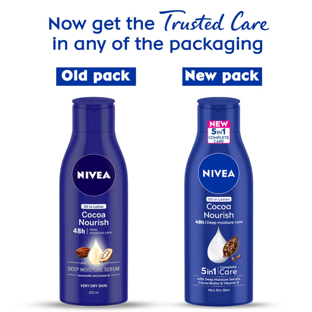 NIVEA Cocoa Nourish 200ml Body Lotion with Deep Moisture Serum | 48 Hour Hydration | Enriched with Cocoa Butter & Coconut Oil | Non-Greasy Formula for Healthy Skin | Best for Very Dry Skin | Perfect for Daily Moisturizing & Winter Skin Care