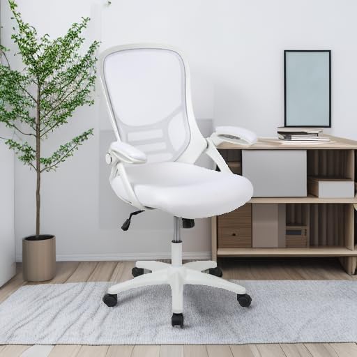 Flash Furniture Porter High-Back Swivel Office Chair with Adjustable Lumbar Support & Height - Ergonomic Mesh Desk Chair with Flip-Up Armrests, White - Perfect for Home Office, Gaming & Workspaces