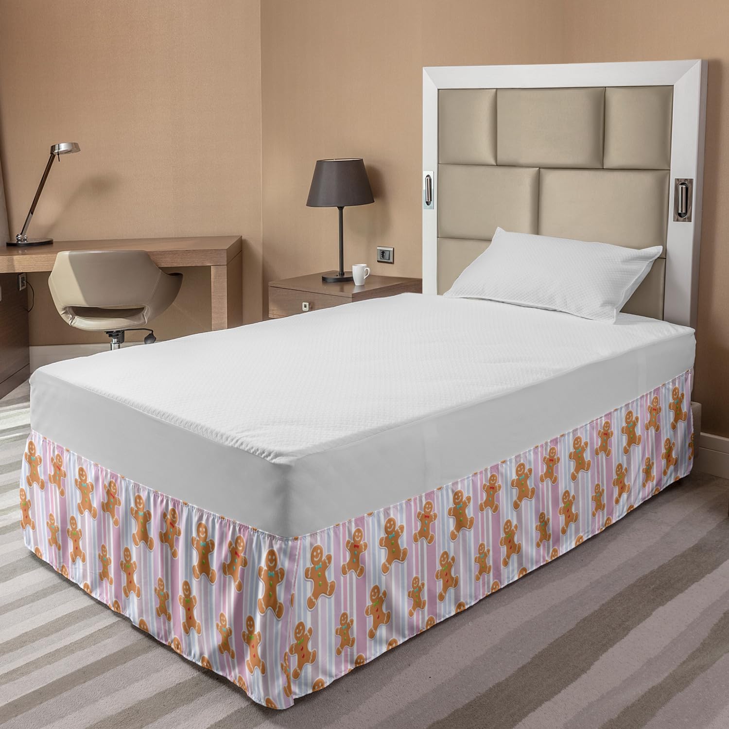 Ambesonne Gingerbread Man Christmas Bed Skirt - Pastel Striped Bakery Themed Wrap Around Elastic Gathered Design for Full Size Beds - Perfect for Holiday Bedroom Decor & Festive Home Styling
