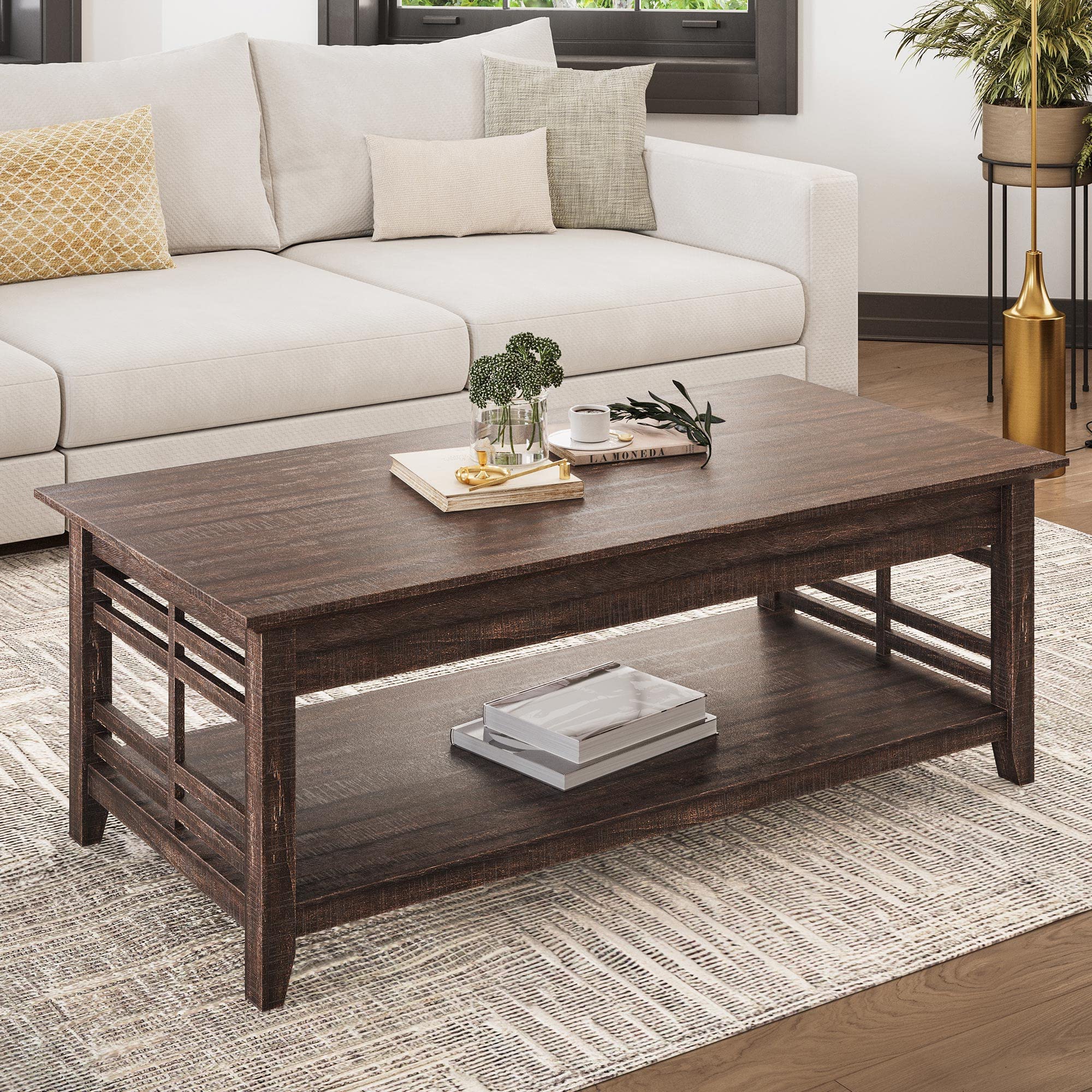 BELLEZE Modern Wood Coffee Table with Storage Shelf, Two-Tier Rectangular Design for Living Room, Espresso Finish - 48 Inch - Perfect for Conversation, Leisure & Home Decor (Norrell Collection)