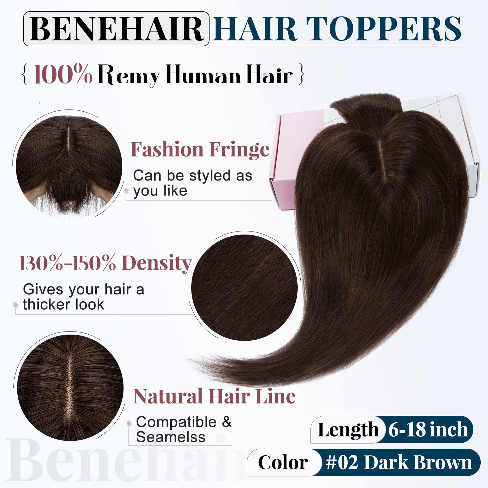Benehair Clip-in Hair Topper for Women - 16 Inch Human Hair Extension with Thin Bangs, Silk Base, Straight & Soft (Dark Brown #2) | Perfect for Hair Loss, Thinning & Styling